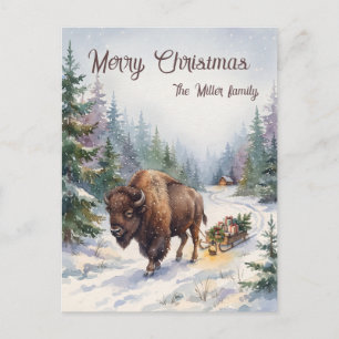 Aquarell-Bison-Schlitten-Wald-Weihnachten individu Feiertagspostkarte