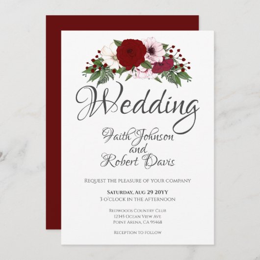 Aquarell Bläserne Burgundy Weiße Grüne Einladung (Vorne/Hinten)