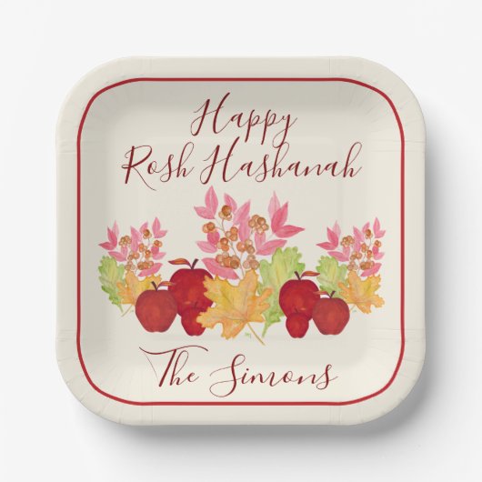 Aquarell-Blätter Äpfel Rosh Hashanah Pappteller (Vorderseite)