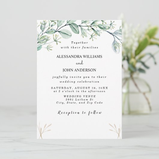 Aquarell-Blätter Eukalyptus/Champagner Einladung (Stehend Vorderseite)