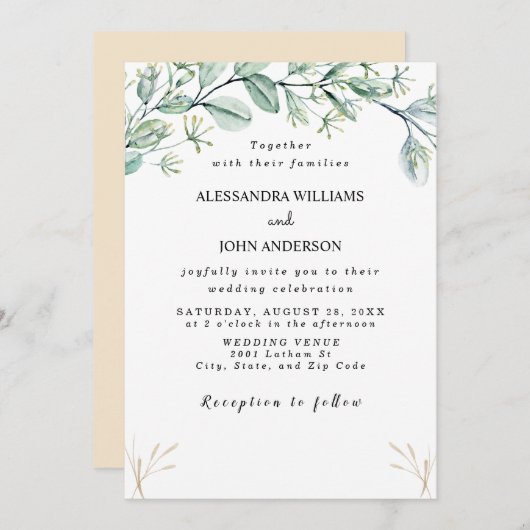 Aquarell-Blätter Eukalyptus/Champagner Einladung (Vorne/Hinten)