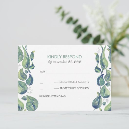 Aquarell-Blätter Laurel Rustic Wedding RSVP (Stehend Vorderseite)