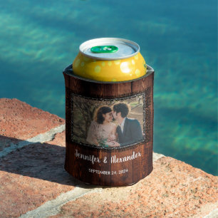Aquarell-Blätter rustikale Holz-Foto-Hochzeit Dosenkühler