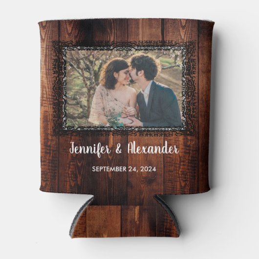 Aquarell Blätter rustikale Holz Foto Hochzeit Dosenkühler (Vorderseite)