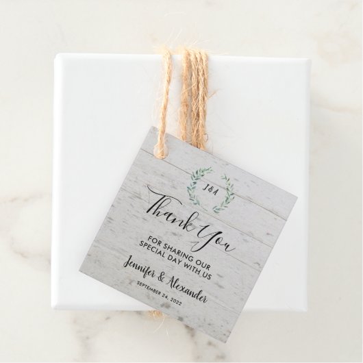 Aquarell-Blätter rustikale Holz-Monogramm Danke Geschenkanhänger (Beispiel)