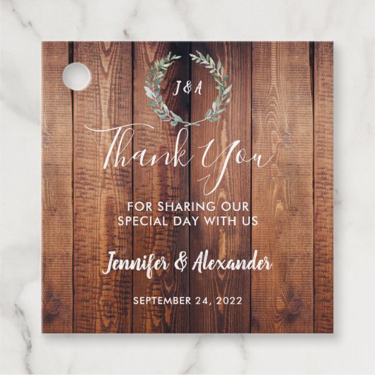 Aquarell Blätter rustikale Holz Monogramm danke Geschenkanhänger (Vorderseite)