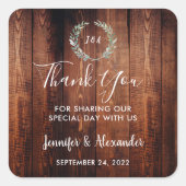 Aquarell Blätter rustikale Holz Monogramm danke Quadratischer Aufkleber (Vorderseite)