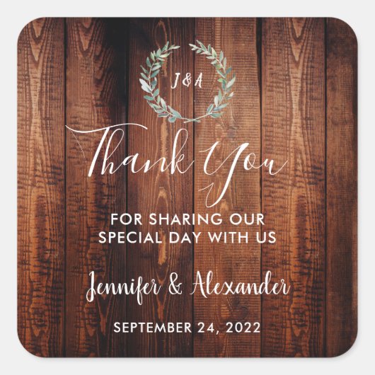 Aquarell Blätter rustikale Holz Monogramm danke Quadratischer Aufkleber (Vorderseite)