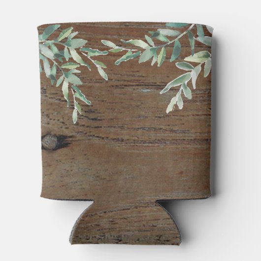Aquarell Blätter rustikale Holzbräune Hochzeit Dosenkühler (Rückseite)