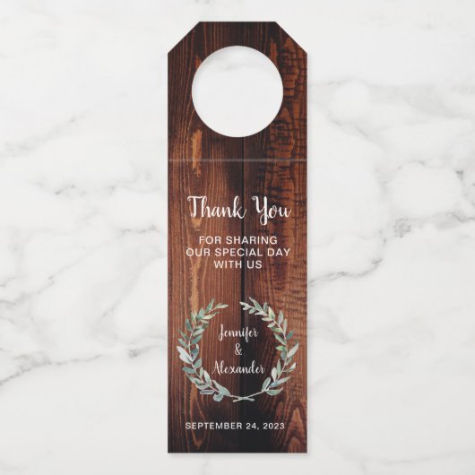 Aquarell Blätter rustikale Holzverheiratung Danke Flaschenanhänger (Vorderseite)