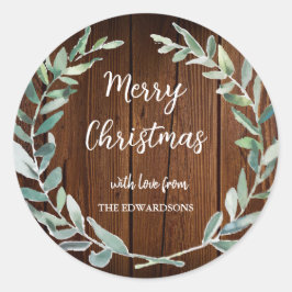Aquarell Blätter rustikales Holz Frohe Weihnachten Runder Aufkleber