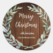 Aquarell Blätter rustikales Holz Frohe Weihnachten Runder Aufkleber (Vorderseite)