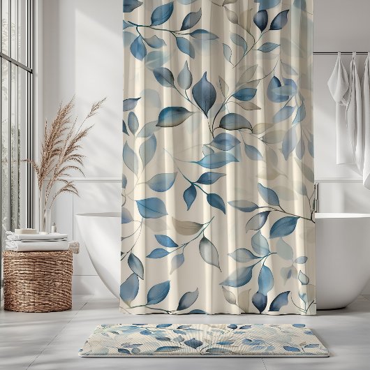 Aquarell-Blattmuster Blau Beige Creme Duschvorhang