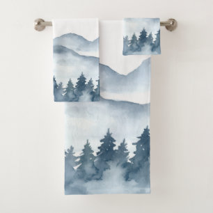 Aquarell Blau Berge Bäume Badhandtuch Set