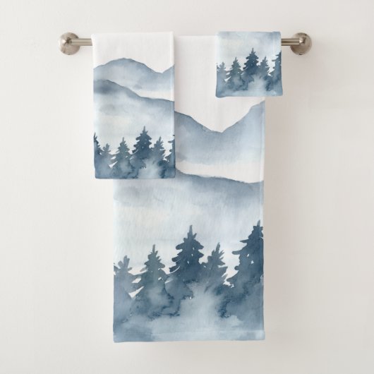 Aquarell Blau Berge Bäume Badhandtuch Set (Insitu)