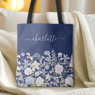 Aquarell Blau Blumen Blumen Elegantes Monogramm Tasche