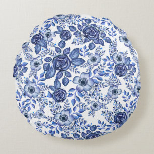 Aquarell Blau Blumenmuster Rundes Kissen