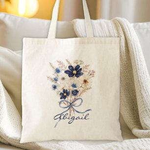 Aquarell Blau Blumenstrauß Floral Personalisiert Tragetasche