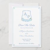 Aquarell Blau Botanisches Monogramm Hochzeitswappe Save The Date (Vorderseite)
