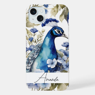 Aquarell Blau Einzigartiger Pfau Benutzerdefiniert iPhone 15 Plus Hülle