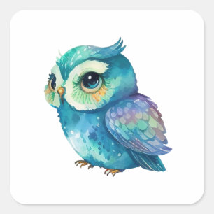 Aquarell Blau Eule Quadratischer Aufkleber