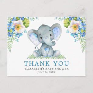 Aquarell Blau Floral Elefant Baby Shower Postkarte