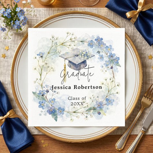 Aquarell Blau Floraler Kranz Abschlussfeier Serviette