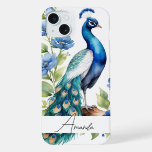 Aquarell Blau Florales Pfau-Muster mit individuell iPhone 15 Plus Hülle