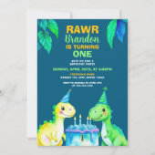 Aquarell Blau Gelb Dinosaurier 1. Geburtstag Einladung (Vorderseite)