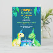 Aquarell Blau Gelb Dinosaurier 1. Geburtstag Einladung (Stehend Vorderseite)