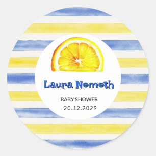 Aquarell Blau Gelb Streifen Zitrone Babyparty Runder Aufkleber