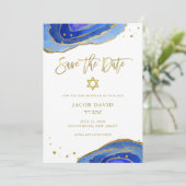Aquarell Blau Geode mit Gold | Bar Mitzwa Save The Date (Stehend Vorderseite)