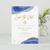 Aquarell Blau Geode mit Gold | Bat Mitzvah Save The Date (Stehend Vorderseite)