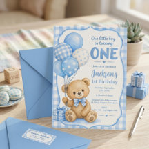 Aquarell Blau Gingham Kleiner Bär 1. Geburtstag