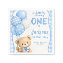Aquarell Blau Gingham Kleiner Bär 1. Geburtstag