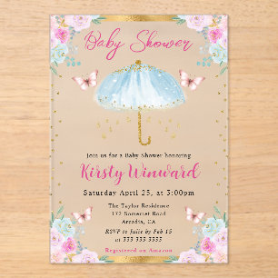 Aquarell Blau Gold Frühlingsschirm Baby Shower Acryleinladungen