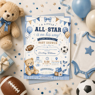 Aquarell Blau Junge Sport Baby Shower Teddybär Einladung