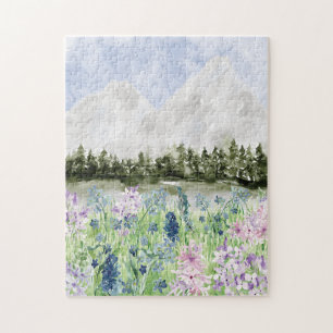 Aquarell Blau Lila Blumenwiese auf dem Berg Puzzle