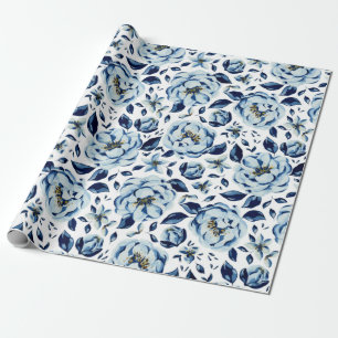 Aquarell Blau Pfingstrosen-Blumenmuster Geschenkpapier