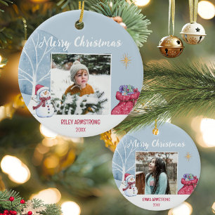 Aquarell Blau Schneemann Winter Weihnachten Foto Keramik Ornament
