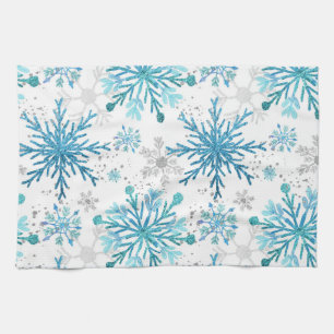 Aquarell Blau & Silber Glitter Winter Schneeflocke Geschirrtuch