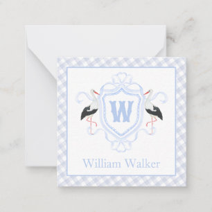 Aquarell Blau Storch Gingham Monogrammwappen Mitteilungskarte