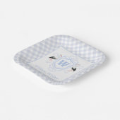 Aquarell Blau Storch Gingham Monogrammwappen Pappteller (Gewinkelt)