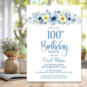 Aquarell Blau und Gelb Floral 100. Geburtstag Einladung