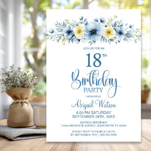Aquarell Blau und Gelb Floral 18. Geburtstag Einladung