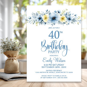 Aquarell Blau und Gelb Floral 40. Geburtstag Einladung