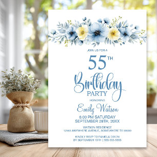 Aquarell Blau und Gelb Floral 55. Geburtstag Einladung
