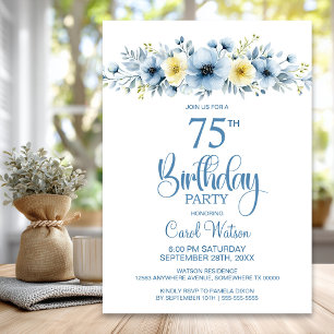 Aquarell Blau und Gelb Floral 75. Geburtstag Einladung
