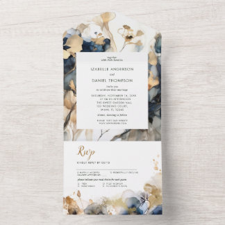 Aquarell Blau und Gold Blumenhochzeit All In One Einladung