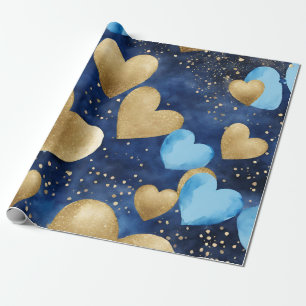 Aquarell Blau und Gold Tinte Valentinsherzen Geschenkpapier